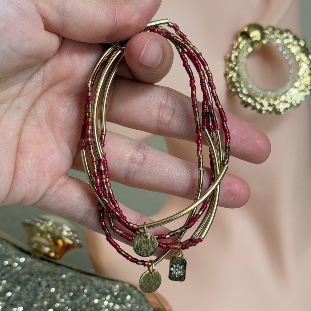 ⚜️❤️🔥 Elegant Red and Gold Beaded Stretch Bracelet Set 💫 - Picture 6 of 6